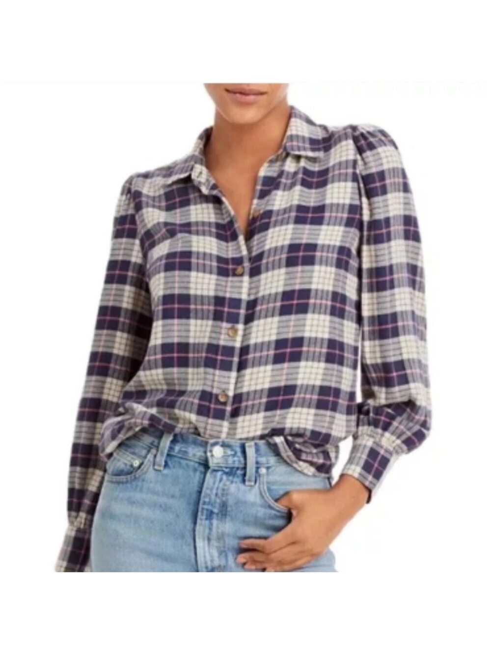 Rails Brand - Angelica - Plaid Button-Down Almond Navy and Cream shirt